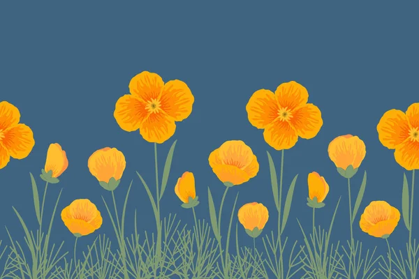 Borda simples com flores laranja e amarela em um fundo azul —  Vetores de Stock