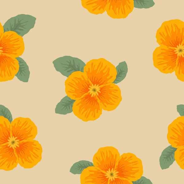 Seamless pattern with yellow flowers and leaves on a beige background — Stock Vector