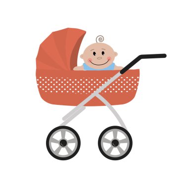 Turuncu bir bebek arabası içinde oturan erkek bebek