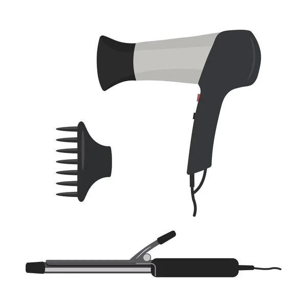 Sèche-cheveux et fer à friser sur fond blanc — Image vectorielle