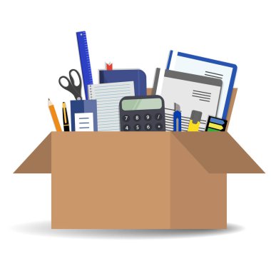 Beyaz bir arka plan üzerinde izole bir karton kutu içinde ofis aksesuarları