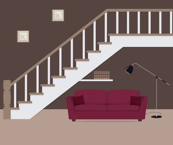 Röd soffa med kuddar, ligger under trappan — Stock vektor