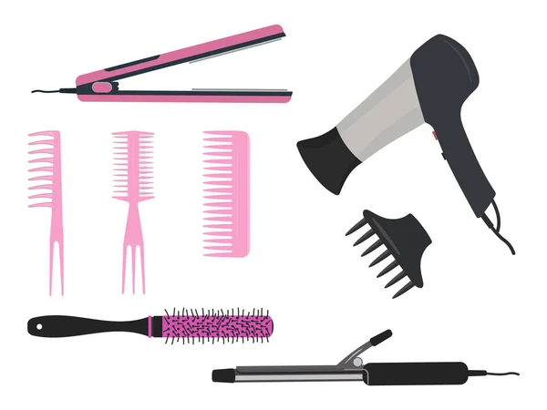 Sèche-cheveux, fer à friser et différents types de brosses à cheveux roses — Image vectorielle