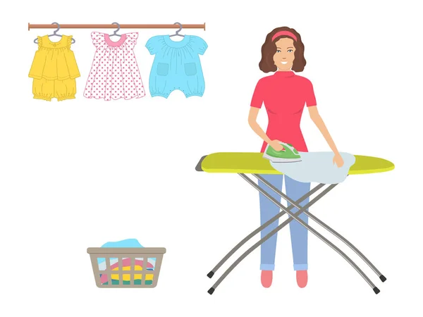 Mujer joven planchando ropa en la tabla de planchar — Vector de stock