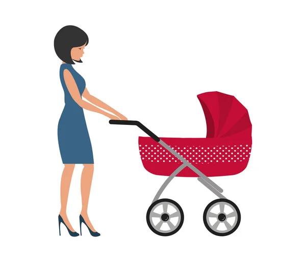 Jovem com um carrinho de bebê vermelho —  Vetores de Stock