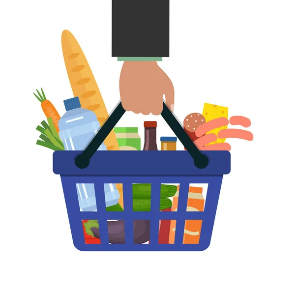 Shopping basket with food and drink in hand — Stock Vector