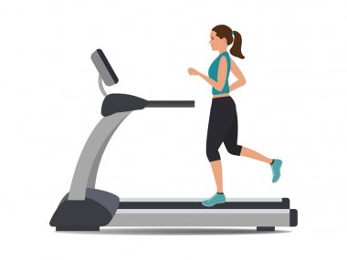 Sportif üniformalı genç kadın bir koşu bandı üzerinde çalışan