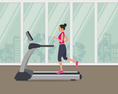 Sportif üniformalı genç kadın bir pencere arka planda bir koşu bandı üzerinde çalışan