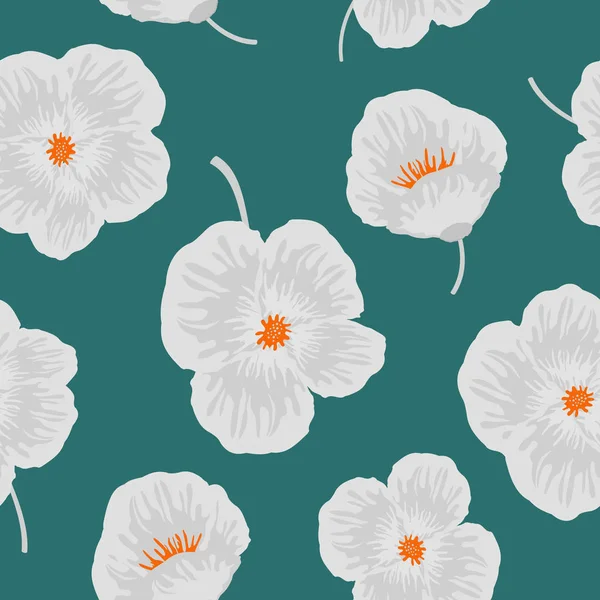 Seamless mönster med vita blommor på grön bakgrund — Stock vektor
