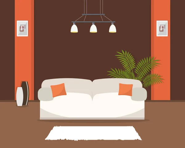 Obývací pokoj v oranžové a hnědé barvy s bílou pohovkou — Stockový vektor