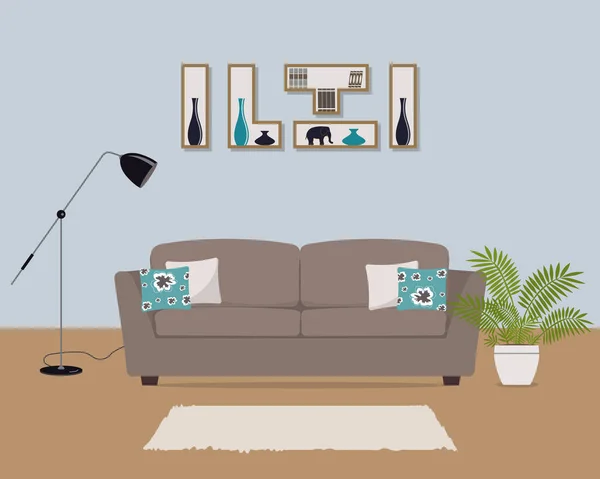 Sala de estar com sofá marrom e travesseiros coloridos — Vetor de Stock