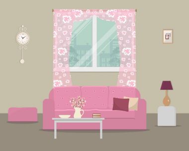 Pembe bir kanepe ve yastık ile oturma odası