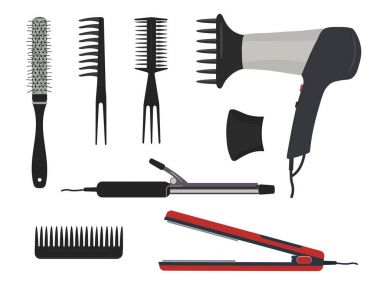 Saç kurutma makinesi, saç maşa ve farklı fırçalar üzerinde beyaz bir arka plan