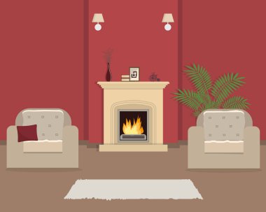 Şömine ile kırmızı oturma odası