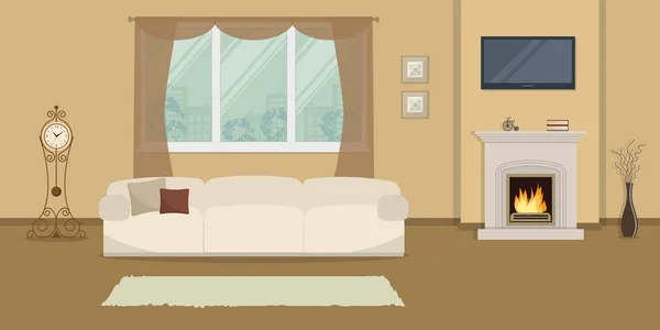 Beige woonkamer met open haard — Stockvector