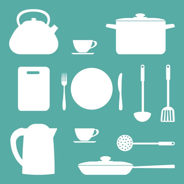Λευκά σχήματα για μαγειρικά σκεύη και εργαλεία σε μπλε φόντο — Διανυσματικό Αρχείο