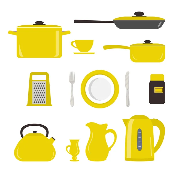 Set de utensilios de cocina y herramientas en color amarillo — Vector de stock