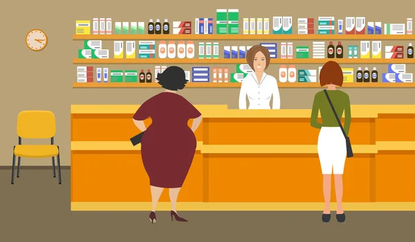 药剂师的 web 横幅。年轻女子在一家药店的工作场所 — 图库矢量图片