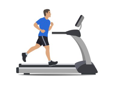 Sportif üniformalı genç adam bir koşu bandı üzerinde çalışan