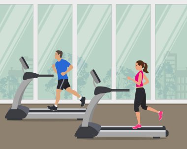 Genç kadın ve sportif bir Üniformalı erkeklere bir pencere arka planda bir koşu bandı üzerinde çalışan