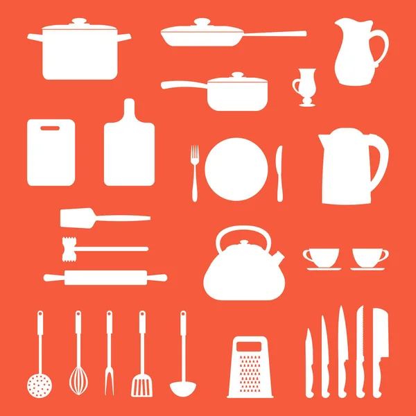 Formas blancas de utensilios de cocina y herramientas sobre un fondo naranja — Vector de stock