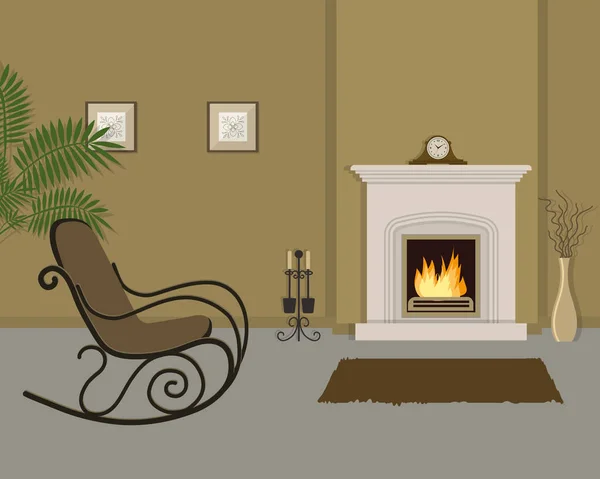 Salon beige avec cheminée et fauteuil à bascule — Image vectorielle