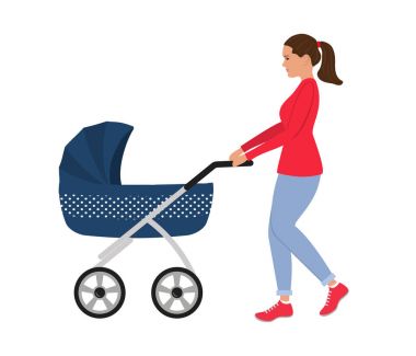 Mavi bebek arabası olan kadın