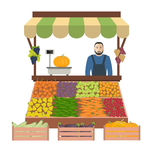 Vendedor de verduras y frutas en el mercado — Vector de stock