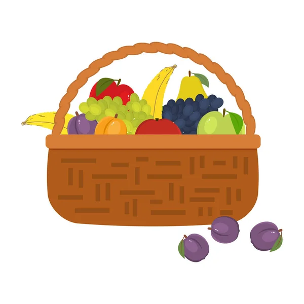 Wicker basket full of fruits isolated on a white background — Stock Vector