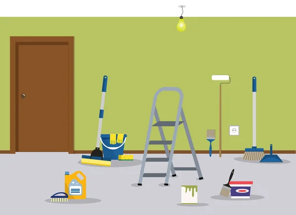 Perbaikan kamar di rumah. Membersihkan di apartemen setelah dinding melukis - Stok Vektor
