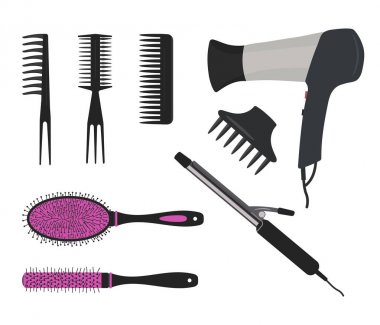 Saç kurutma makinesi, saç maşa ve farklı fırçalar üzerinde beyaz bir arka plan