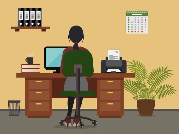 İşyeri ofis çalışanı. Kadın iş yerinde bir çalışan, bir masada oturuyor — Stok Vektör