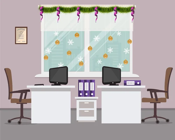 Año Nuevo en la oficina. Lugar de trabajo para dos trabajadores de oficina, decorado con decoración navideña — Vector de stock