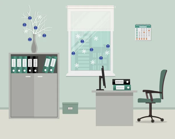 Lugar de trabajo del trabajador de oficina, decorado con decoración de Navidad — Vector de stock