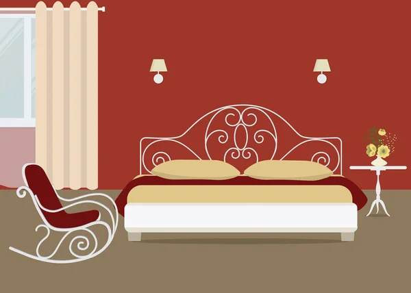 Червона спальня з ліжком і кріслом для камінців — стоковий вектор