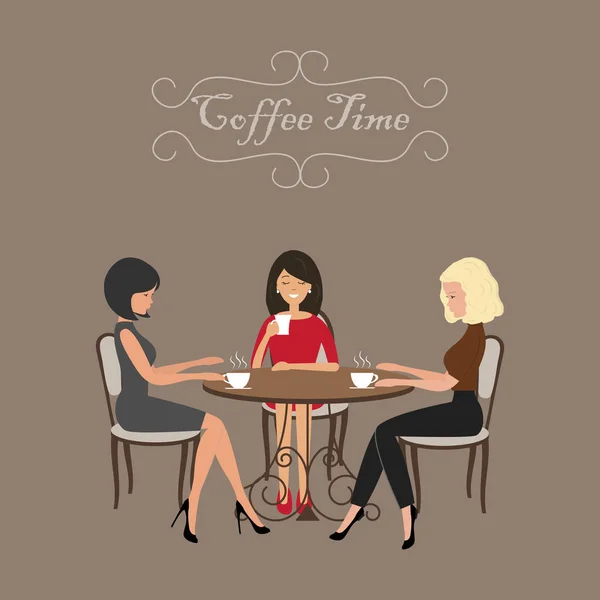 Время кофе. Три девушки в кафе — стоковый вектор