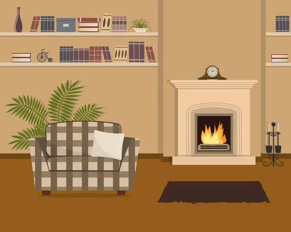 Salón beige con chimenea y sillón a cuadros — Vector de stock