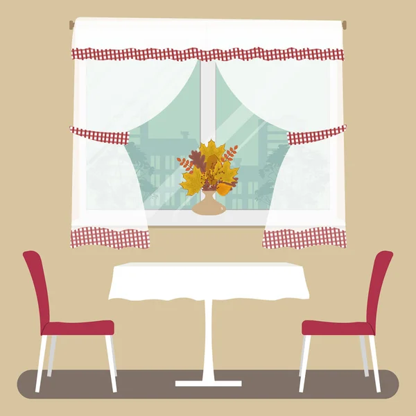 Una mesa con un mantel blanco y dos sillas rojas sobre un fondo de ventana — Vector de stock