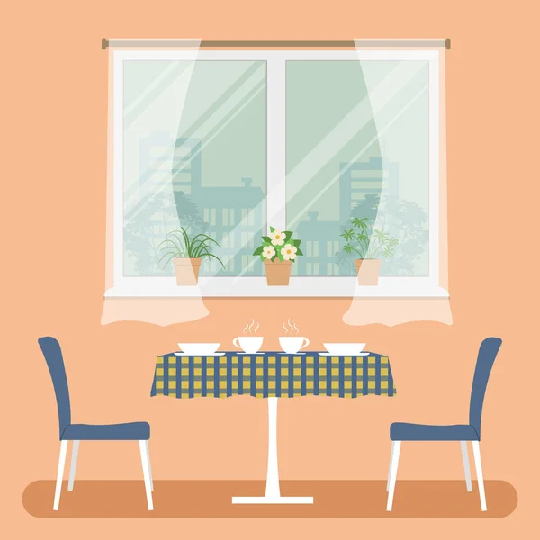 Une table avec une nappe à carreaux et deux chaises bleues sur fond de fenêtre — Image vectorielle