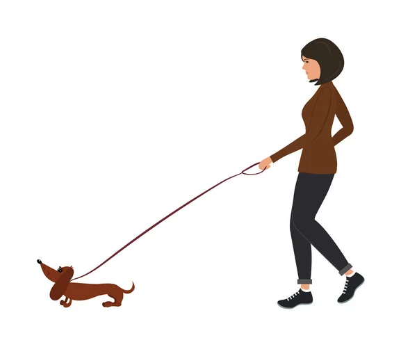 犬を持つ女性。若い女性は、ひもにつないでダックスフント犬をリードします。 — ストックベクタ