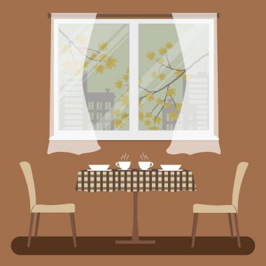 Damalı bir masa örtüsü ve pencere arka plan üzerinde iki bej sandalye içeren bir tablo