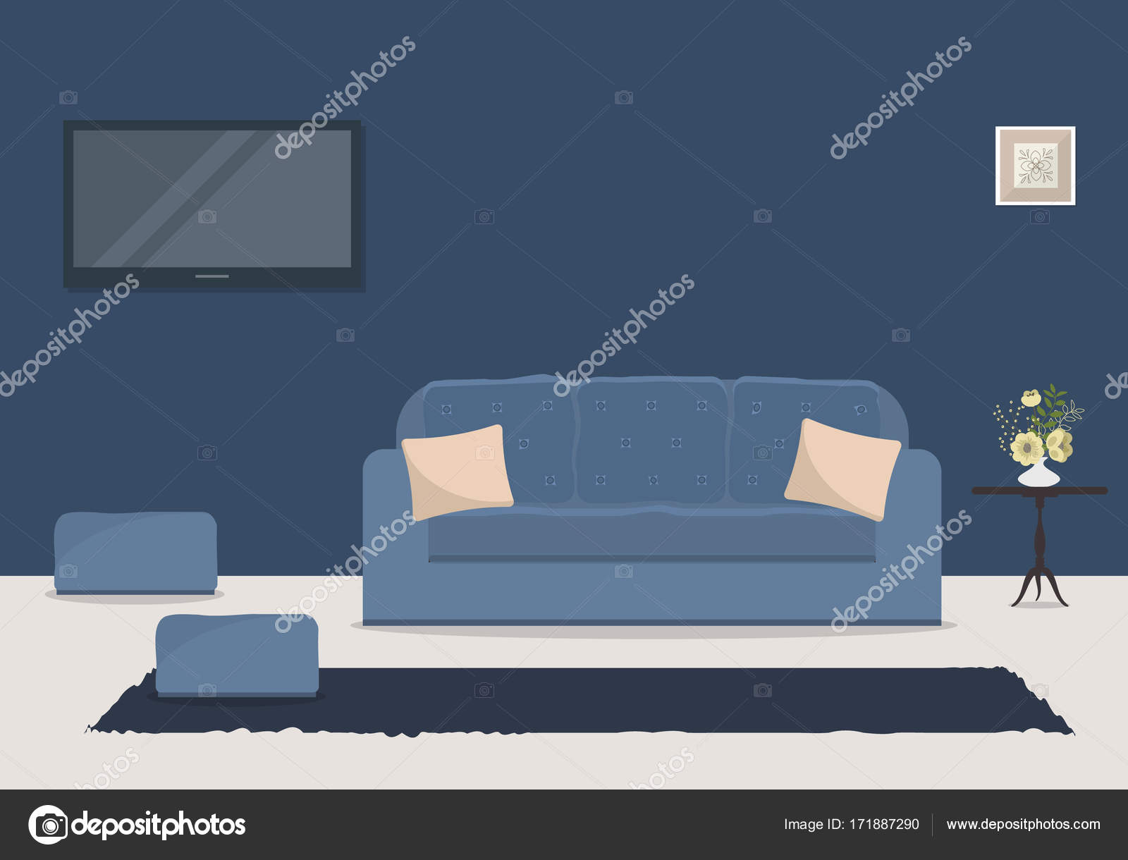 Wohnzimmer In Eine Blaue Farbe Mit Einem Sofa Und Ein