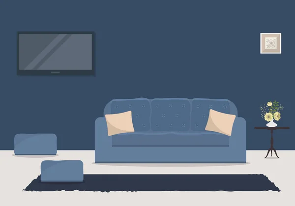 Woonkamer in een blauwe kleur met een bank en een home cinema — Stockvector