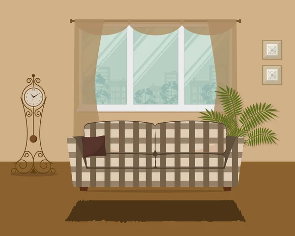 Vardagsrum i en beige färg med rutig soffa — Stock vektor
