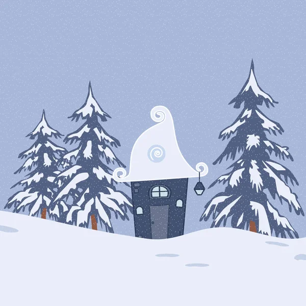 Sprookje winterlandschap met een fantastische lodge en Spar bomen — Stockvector