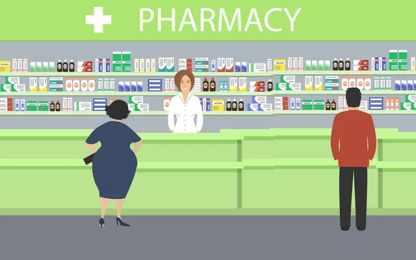 Gente en la farmacia. El farmacéutico está cerca de los estantes con medicamentos. — Archivo Imágenes Vectoriales