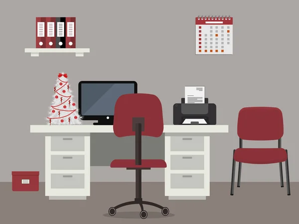 Lieu de travail de l'employé de bureau, décoré avec décoration de Noël — Image vectorielle