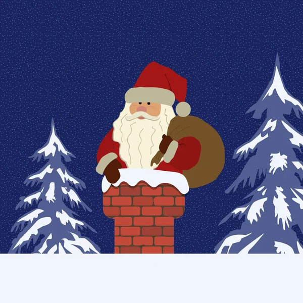 Papai Noel com um saco na chaminé em um fundo azul —  Vetores de Stock