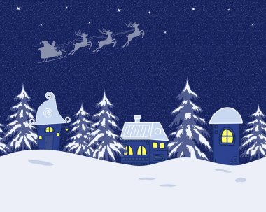 Peri masalı kış manzarası. Noel Baba geyikler üzerinde gökyüzünde biniyor