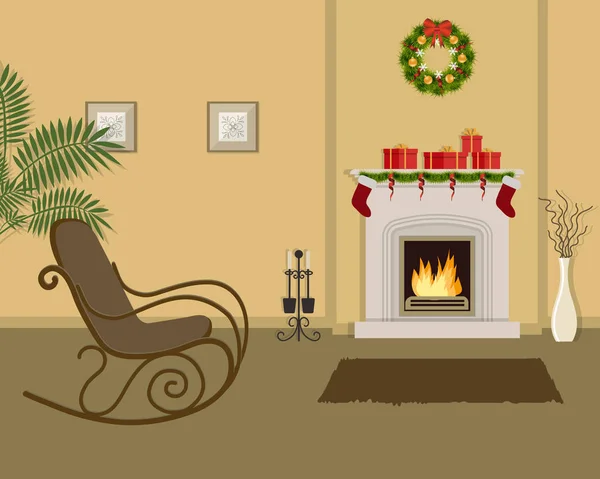 Salón beige con chimenea, decorado con decoraciones navideñas — Vector de stock